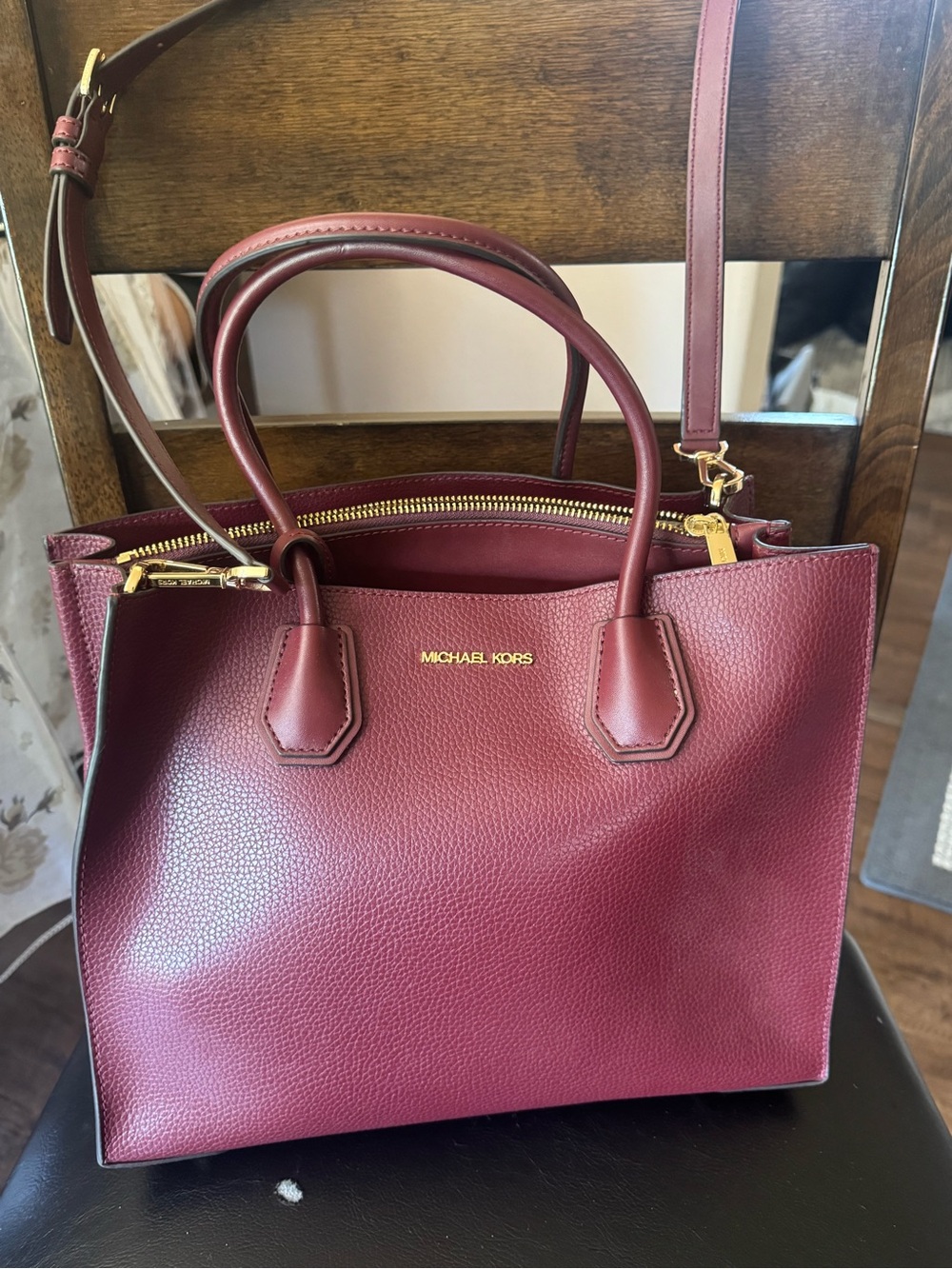 Michael Kors Wine Red Pebble Leather Satchel